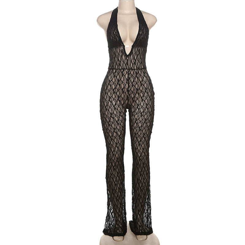 Women's Autumn Sexy Fashion Halter Deep Lace Jumpsuits