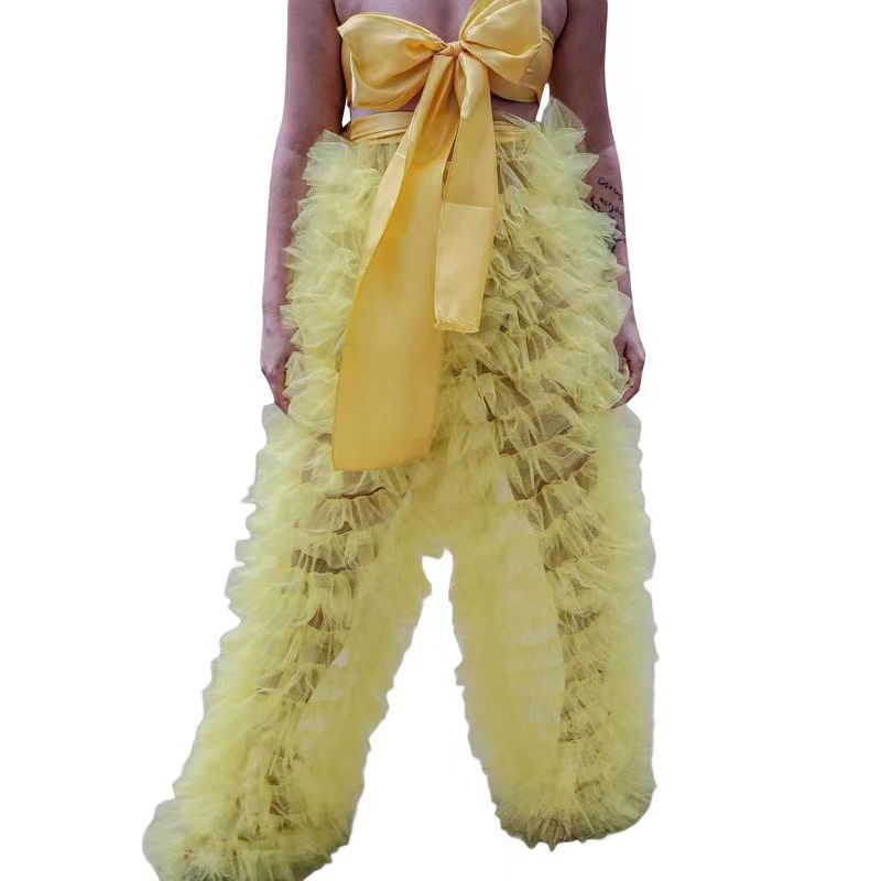 Sweet Mesh Stitching Elastic Cake European Pants