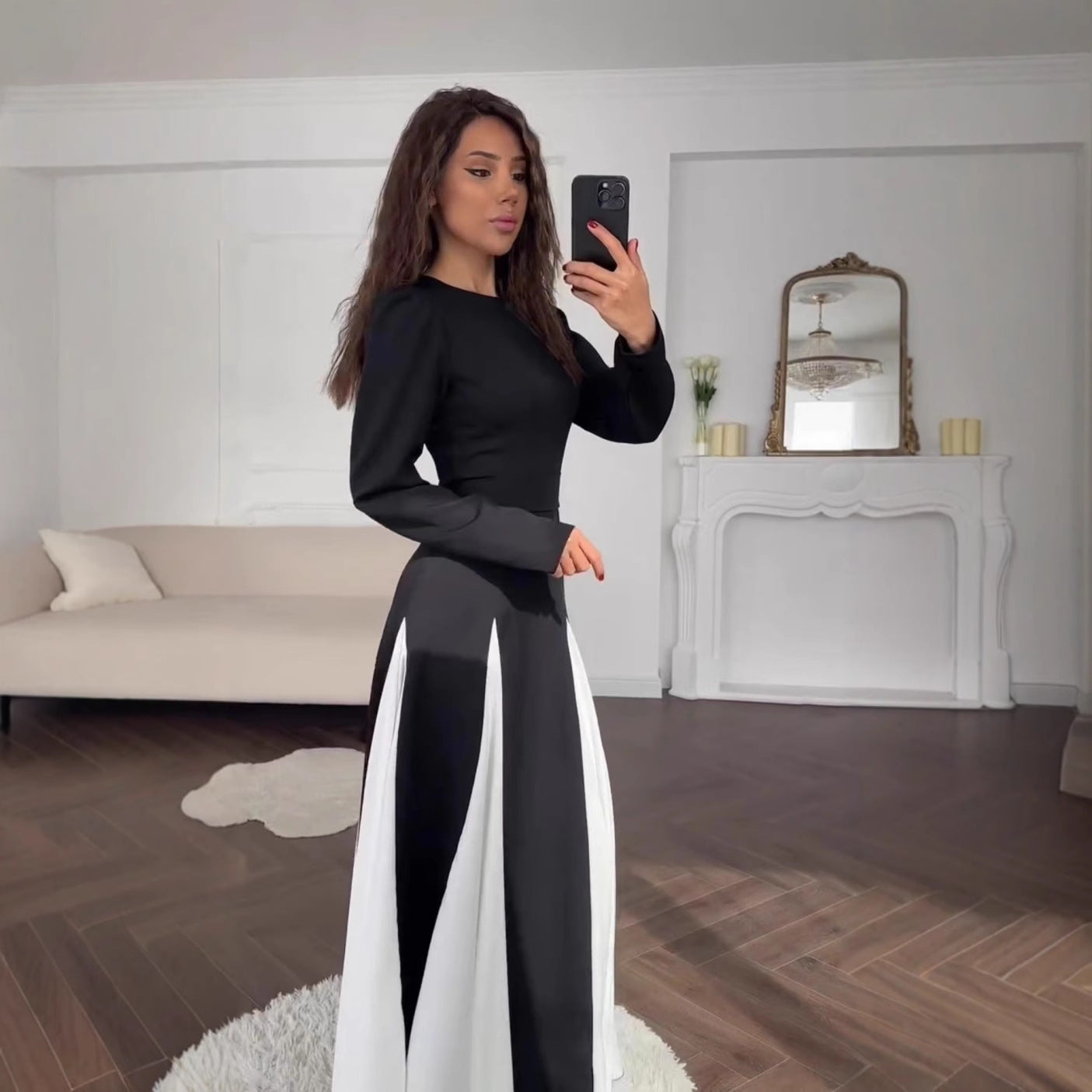 Women's Contrast Color Long Sleeve High Waist Dresses