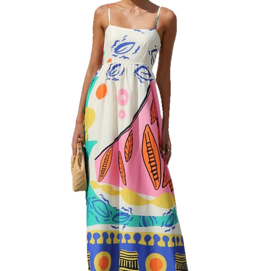 Summer Vacation Style Printing Slip Beach Dress