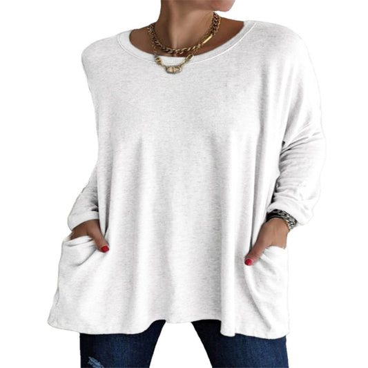 Women's Neck Long Sleeve Loose Pockets Solid Blouses