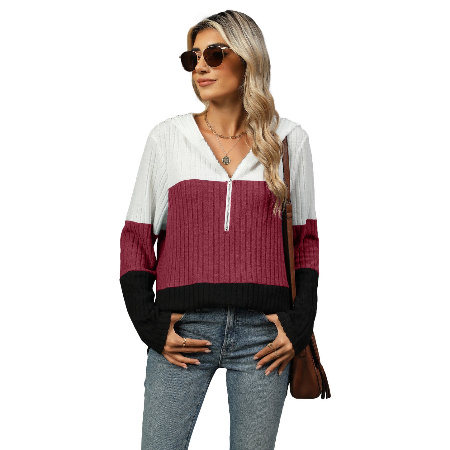 Women's Loose Color Contrast Patchwork Zipper Hooded Blouses