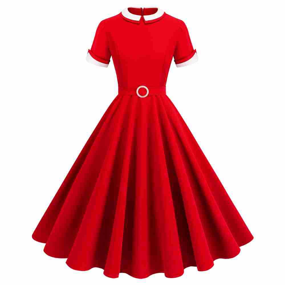 Hepburn Style Contrast Color Double Collar Temperament Slimming Large Swing Dress
