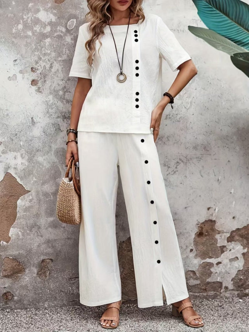 Women's Linen Fashion Casual Loose Two-piece Sleeve Button Suits