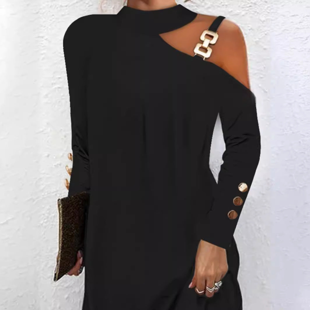 Women's Autumn Simple Metal Buckle Halter Button Dresses