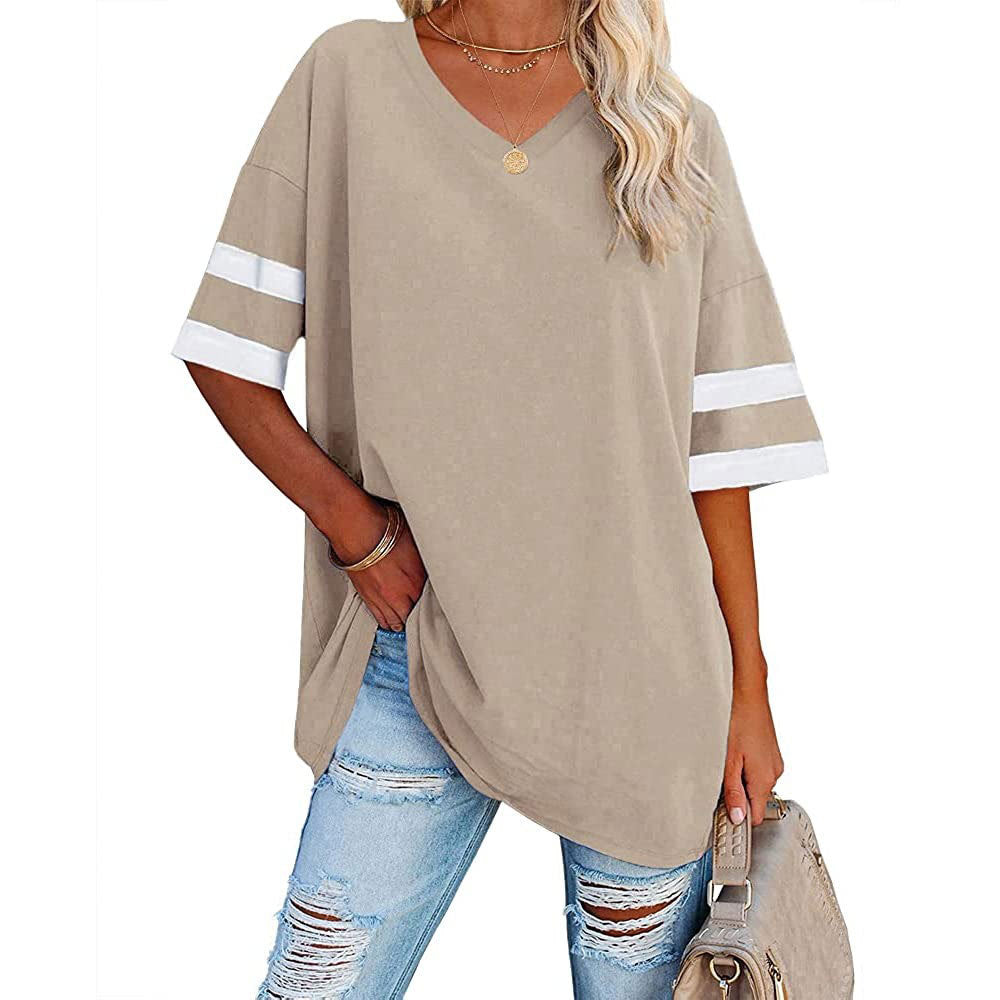 Women's Loose Half Sleeve Contrast Color T-shirt Tops