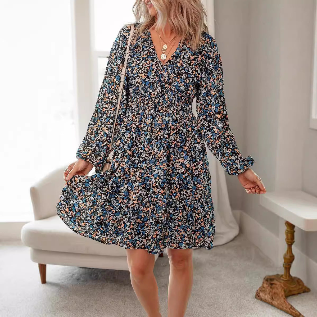 Sleeve Pleated Elastic Waist Casual Word Dresses