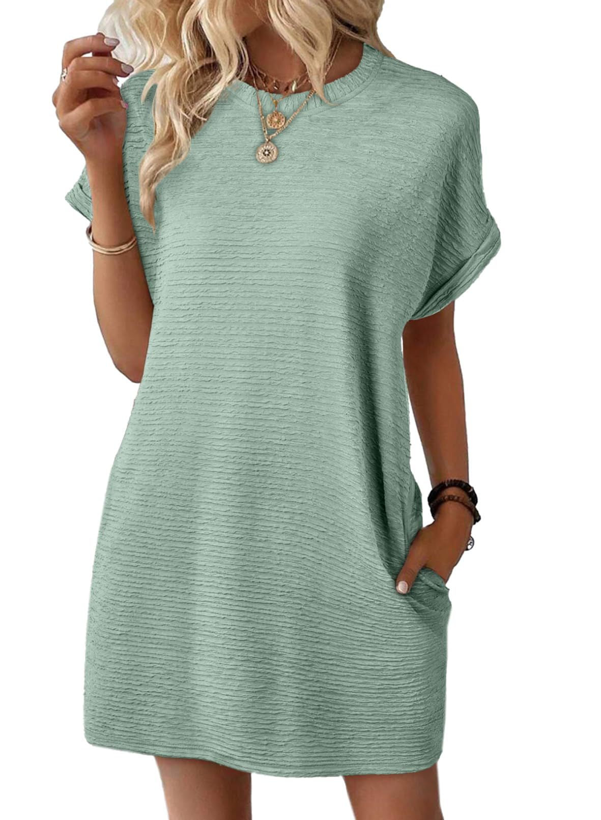 Women's Round Neck Pocket Solid Color Sleeve Shorts