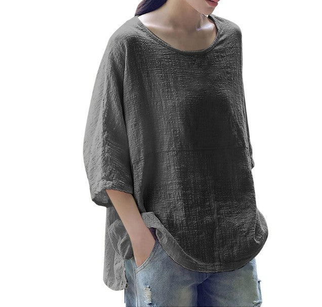 Women's Length Sleeve Pullover Loose Round Neck Blouses