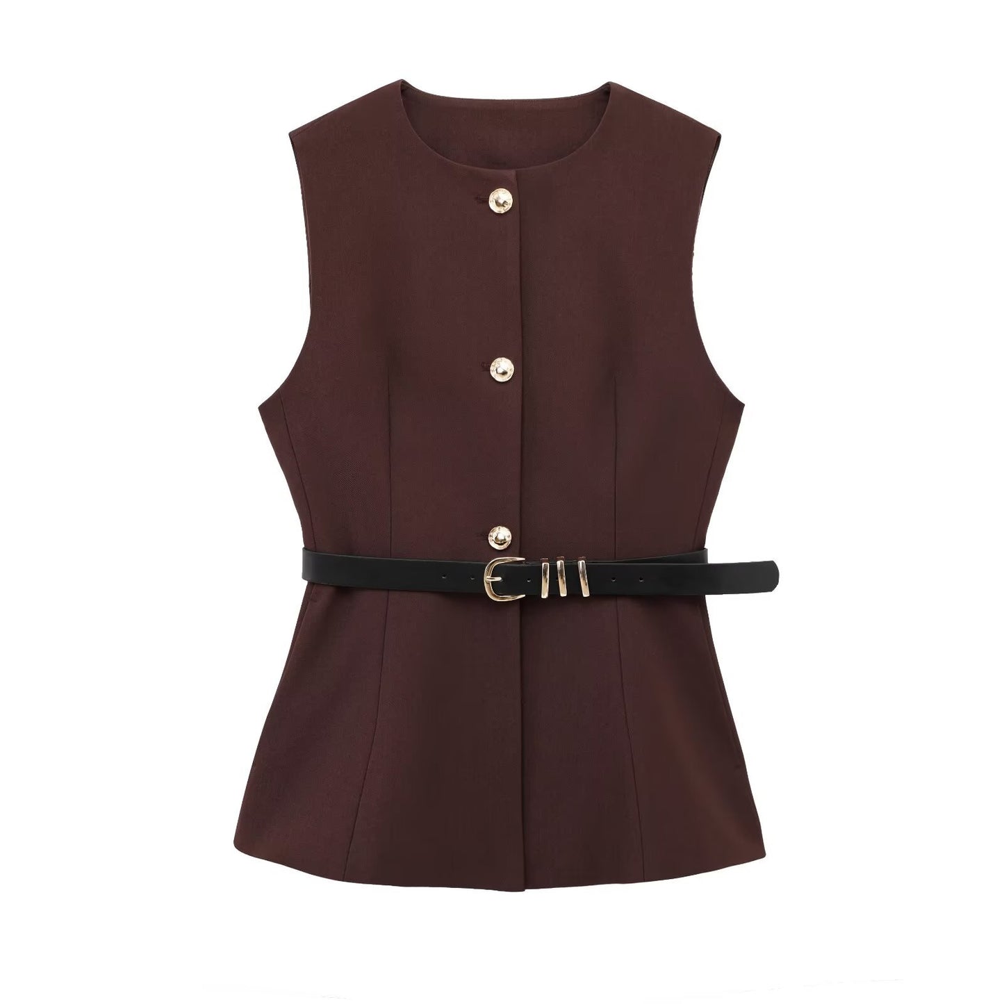 Women's Spring Round Neck Sleeveless With Belt Tops