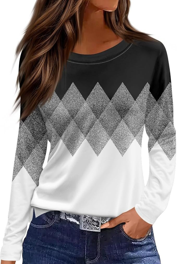 Women's Round Neck Printed Solid Color Long Blouses