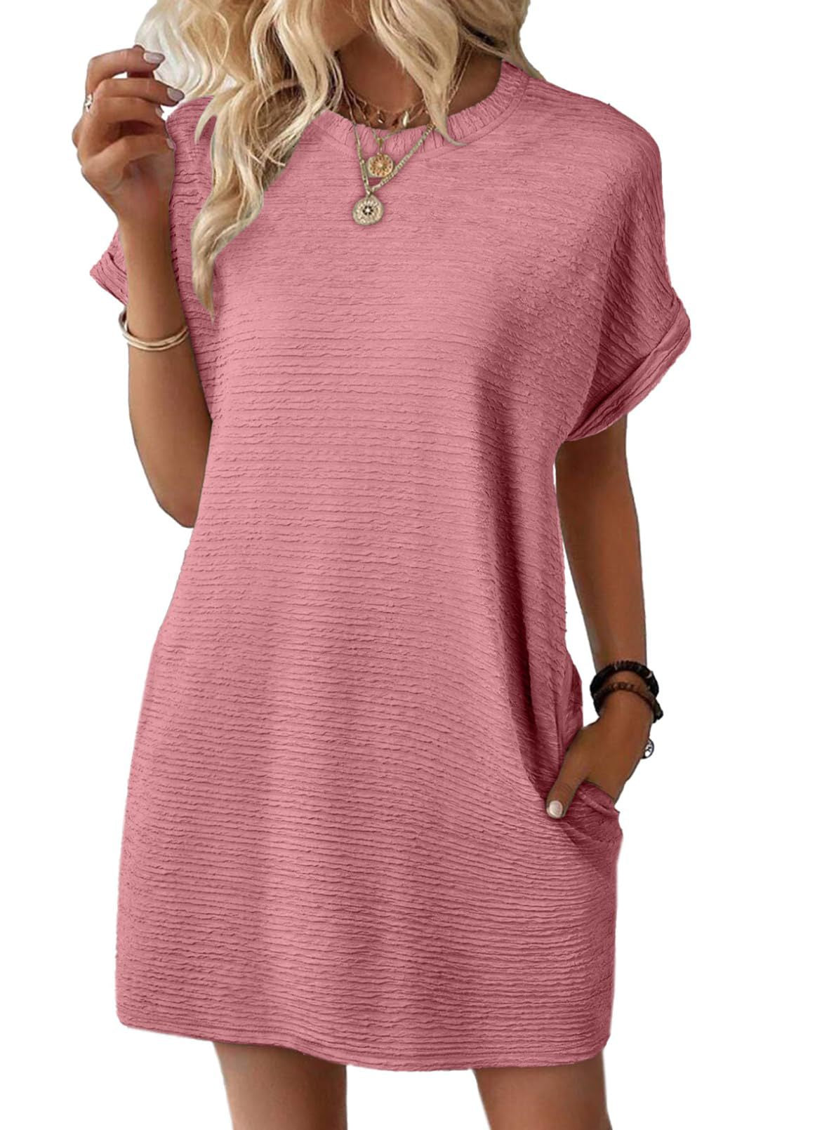 Women's Round Neck Pocket Solid Color Sleeve Shorts
