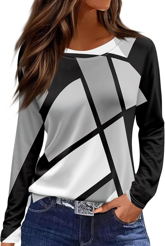 Women's Round Neck Printed Solid Color Long Blouses