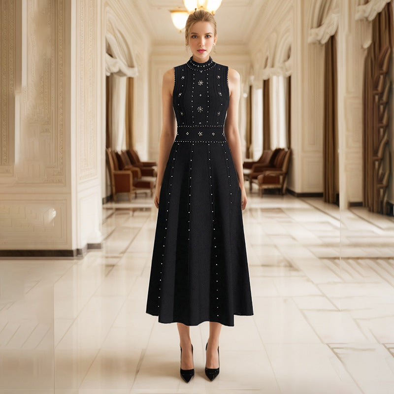 Long Summer Beads Rhinestones Sleeveless Waist Slimming Slim Fit Dresses
