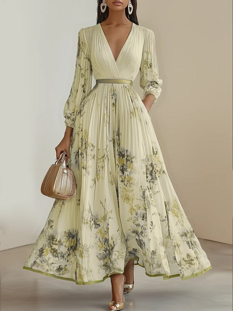 Women's Digital Printed Collar Long Sleeve Pleated Dresses