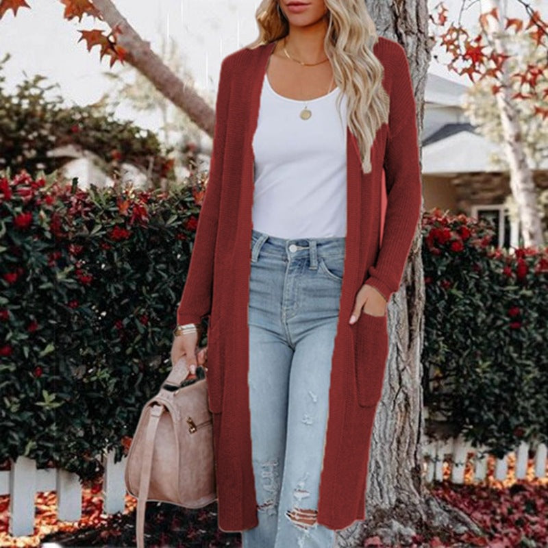 Women's Mid-length Knitted Pocket Solid Color Baggy Women's Sweater