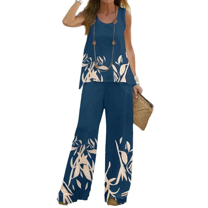 Women's Color Printed Casual Sleeveless T-shirt Trousers Suits