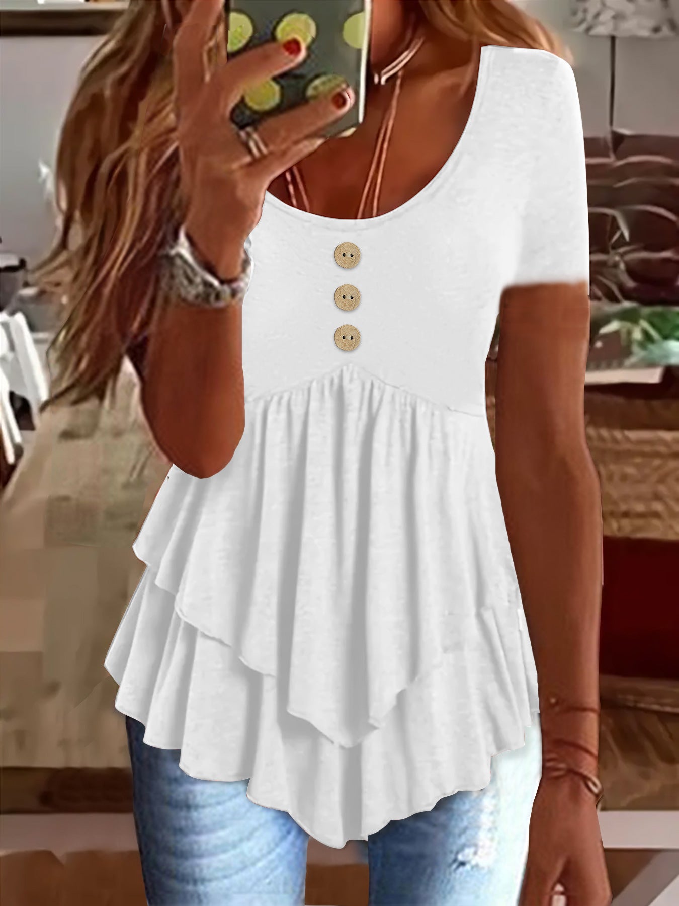 Women's Fashion Button Casual Solid Color Sleeve Blouses