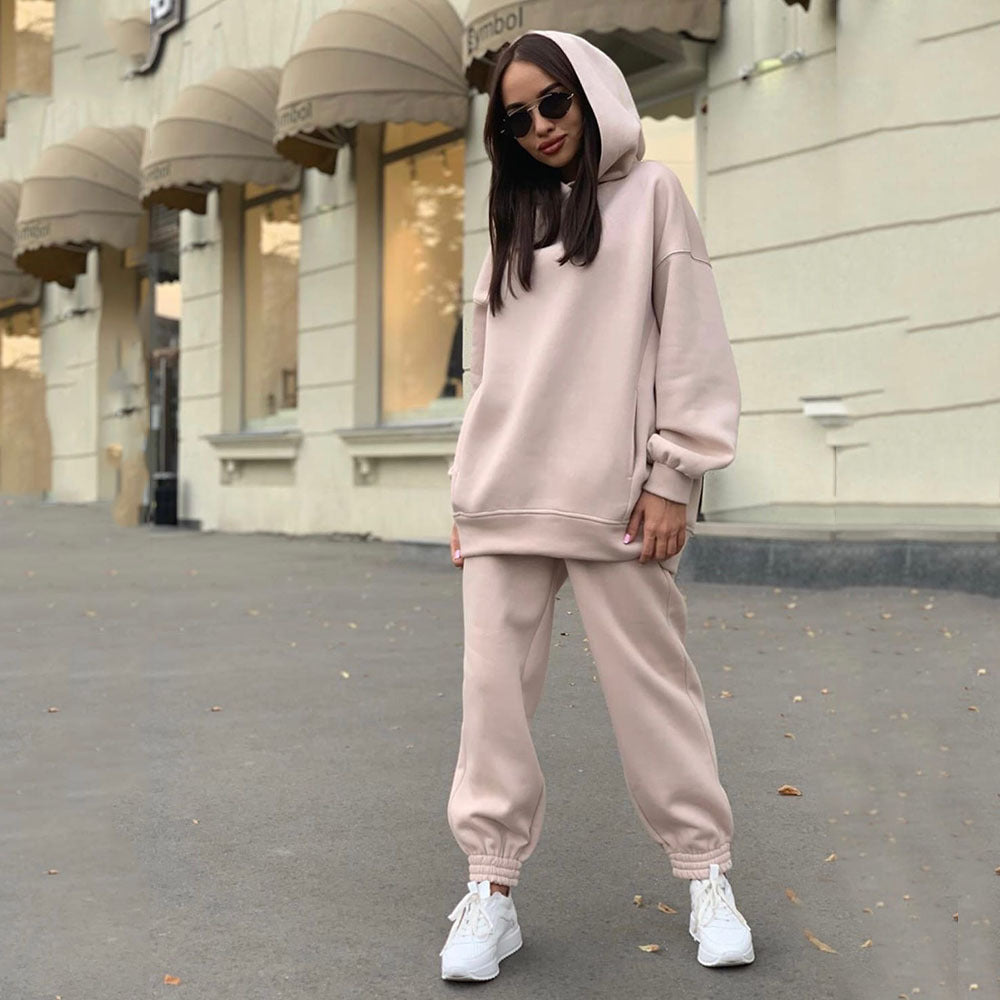 Women's Fashion Solid Color Hooded Casual Two-piece Suits