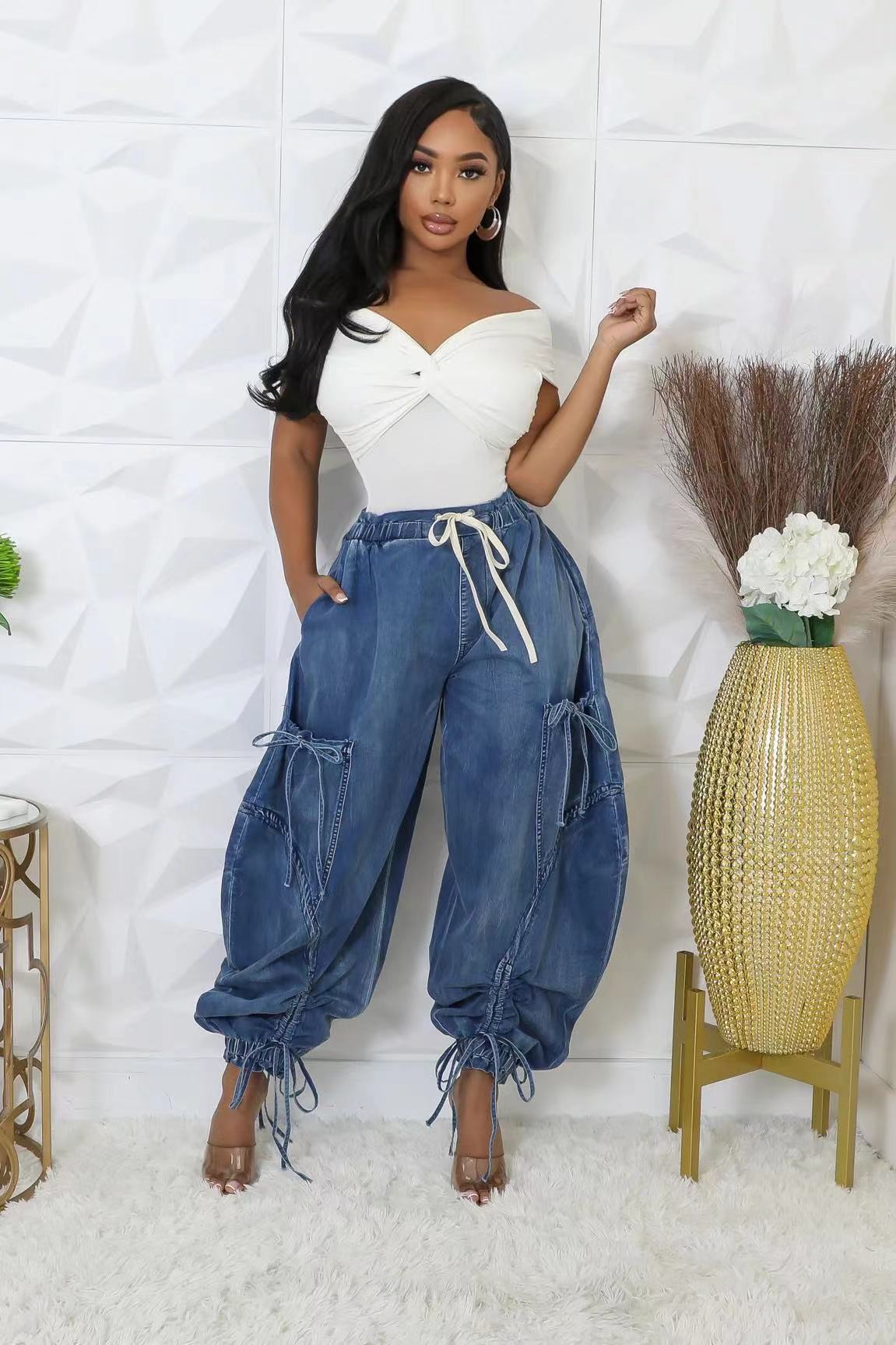 Women's Elastic Waist Drawstring Bow Loose Slimming Jeans