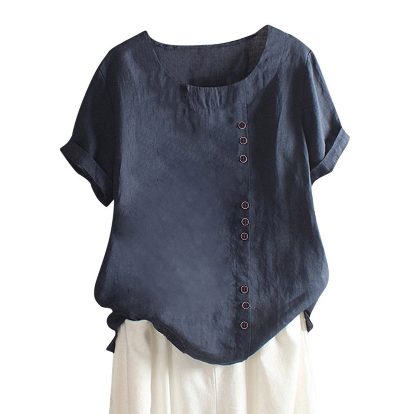 Women's Button Sleeve Casual Holiday Round Neck Regular Cotton Blouses