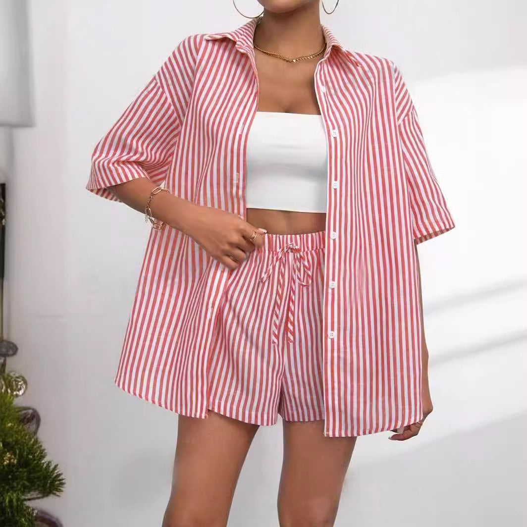 Lapel Casual Striped Sleeve Two-piece Set Pants