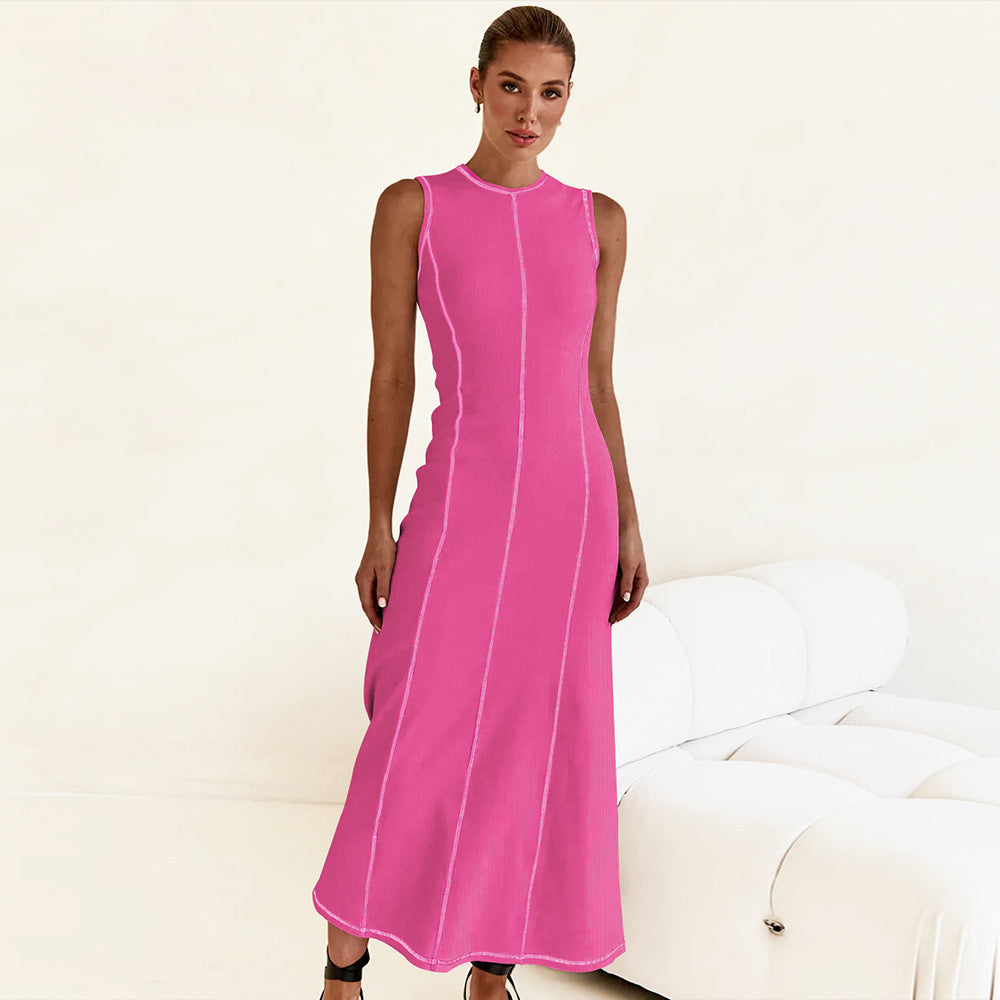 Women's Knitted Long Dress Round Neck Sleeveless Dresses