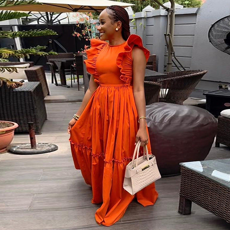Women's Neck Waist Trimming Long Large Hem Dresses