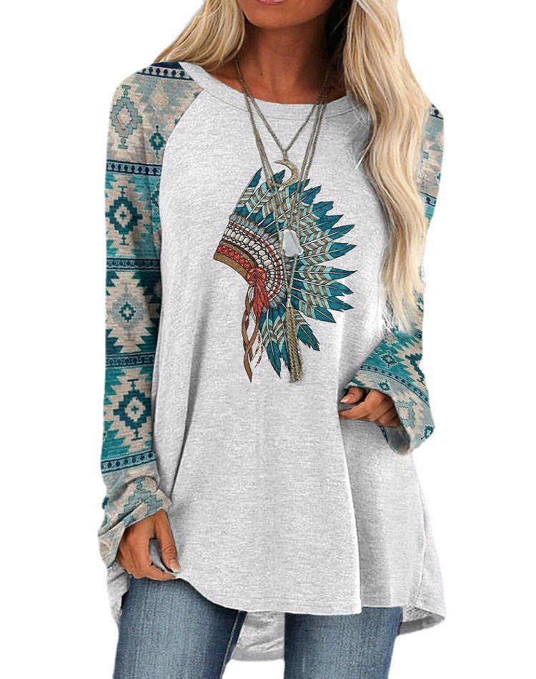 Women's Digital Printing Round Neck Long Sleeve Blouses
