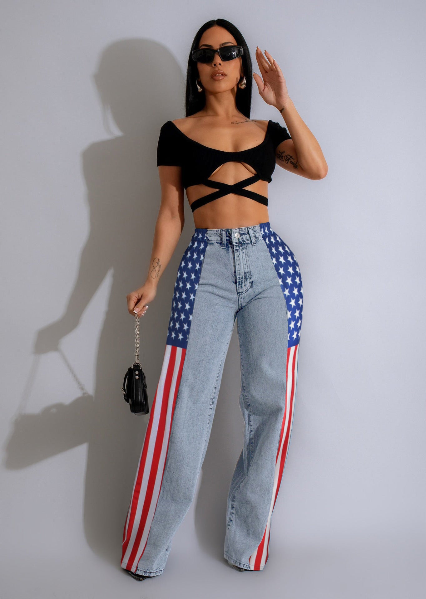 Women's Fashion Flag Print Stretchy Denim Trousers Casual High Jeans