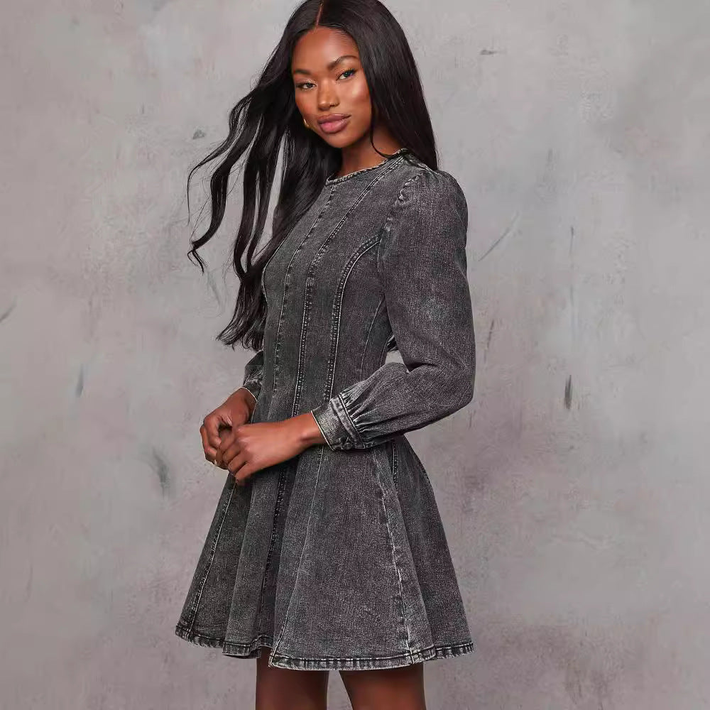 Women's Autumn Elegant Patchwork Denim Long Sleeve Dresses