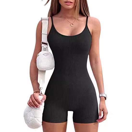 Women's Yoga Romper Ribbed Spaghetti Strap Sports Jumpsuits