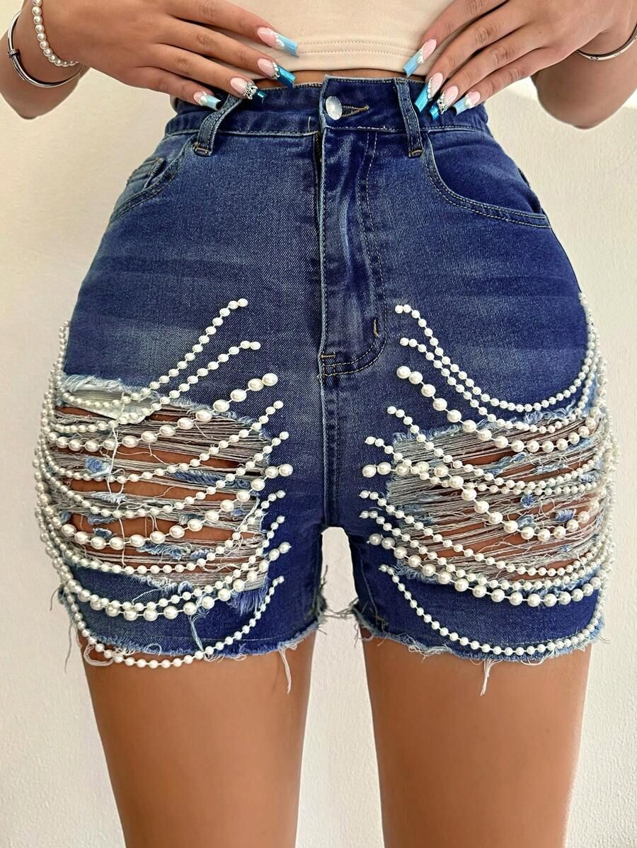 Women's Denim Summer Wear High Waist Slimming Handmade Bead Shorts