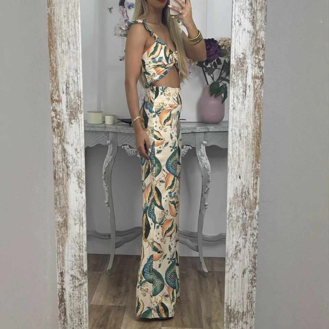 Women's Printed Fashion Casual Sling Trousers Two-piece Suits