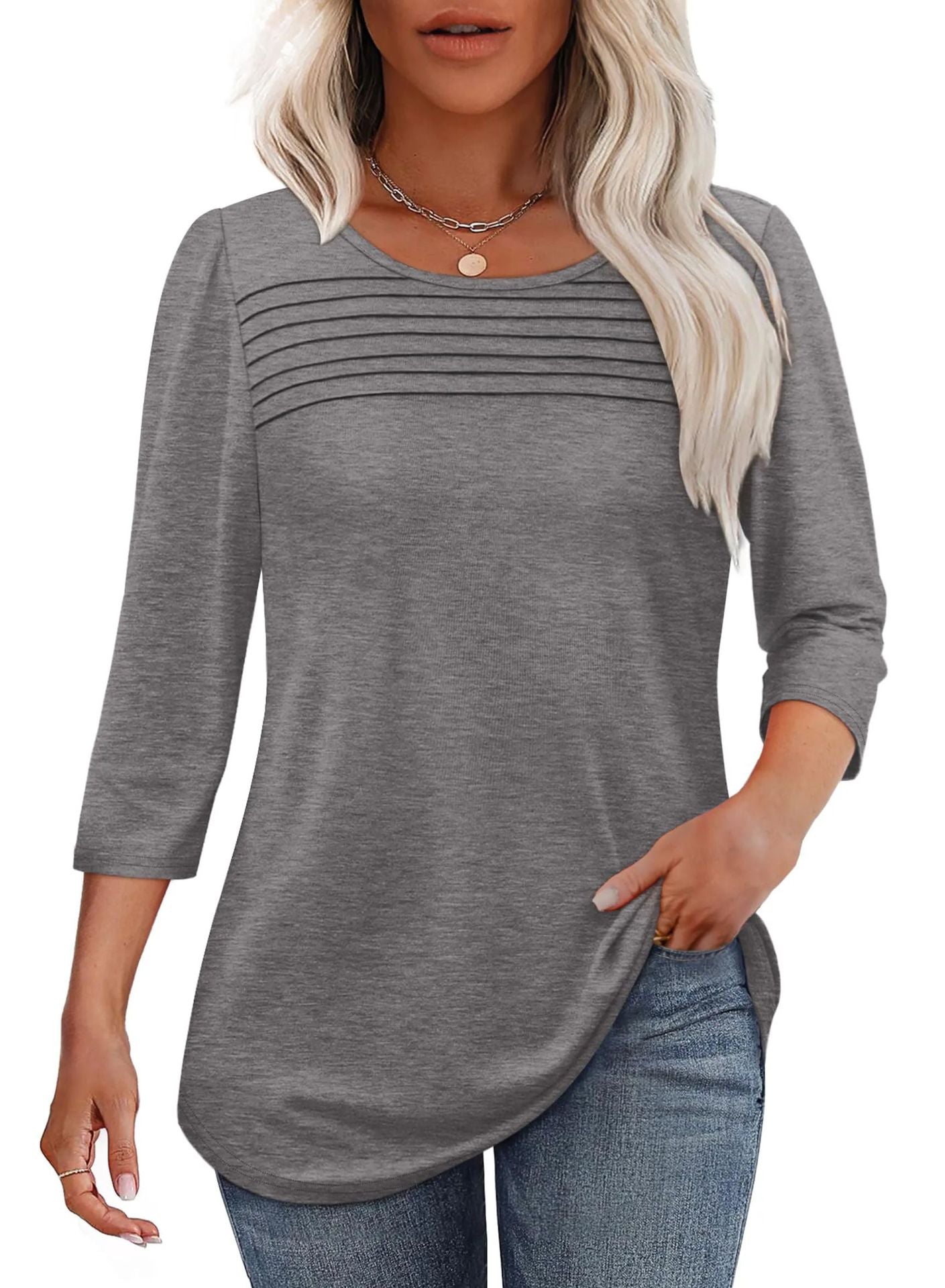 Women's Round Neck Sleeves Chest Tuck Line Blouses