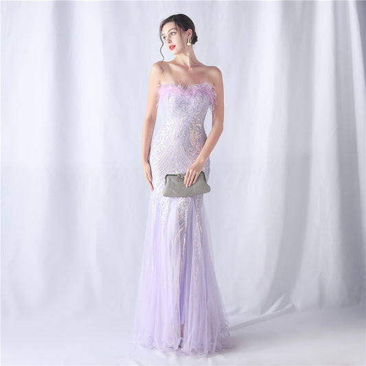 Ostrich Feather Positioning Flower Cutting Tube Evening Dresses