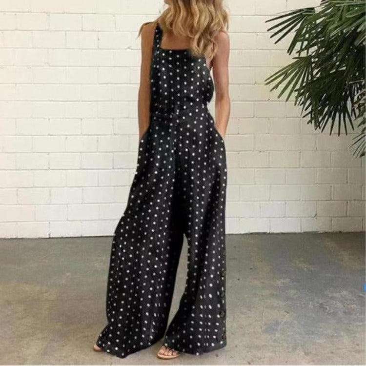Women's Linen Printed Fastener Decoration Sleeveless Loose Jumpsuits