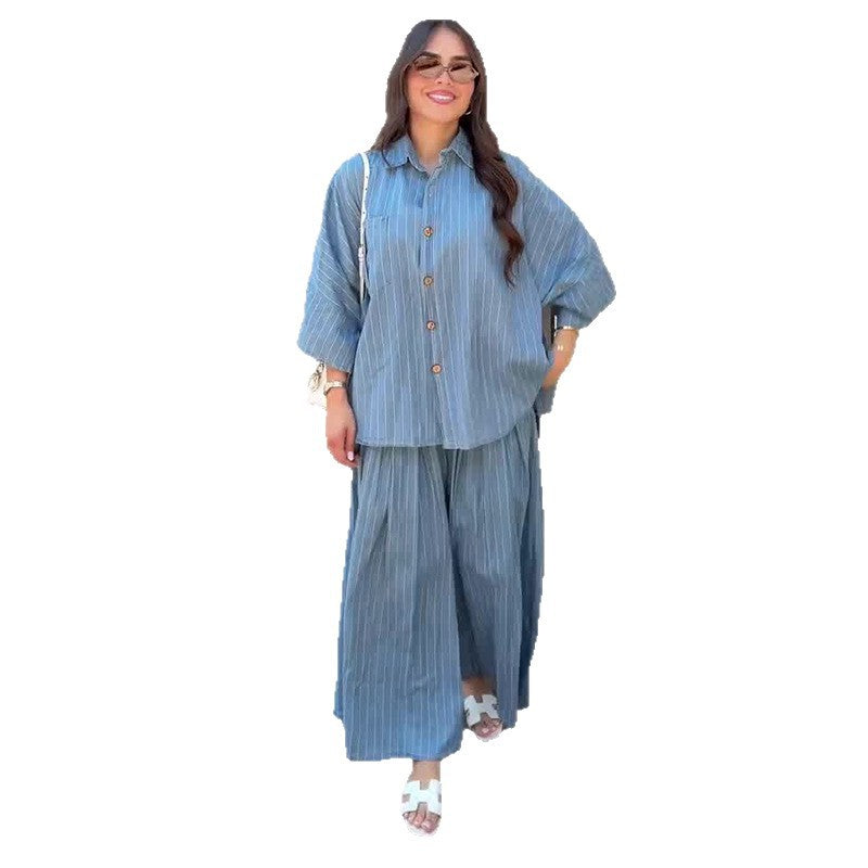 Women's Autumn Collar Loose Casual Striped Suits