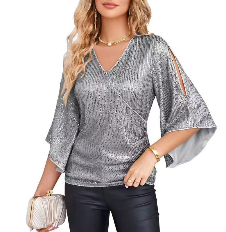 Women's Loose Mid-length Sequined T-shirt Short-sleeved Pullover Blouses