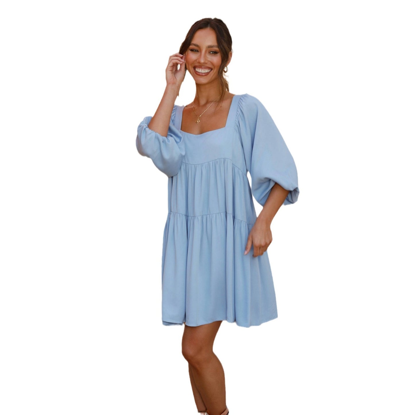 Women's Pullover Square Collar Puff Sleeve Solid Dresses