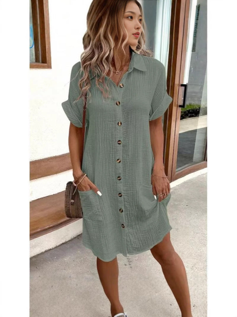 Women's Casual Solid Color Cotton Linen Breasted Mid-length Sleeve Clothing