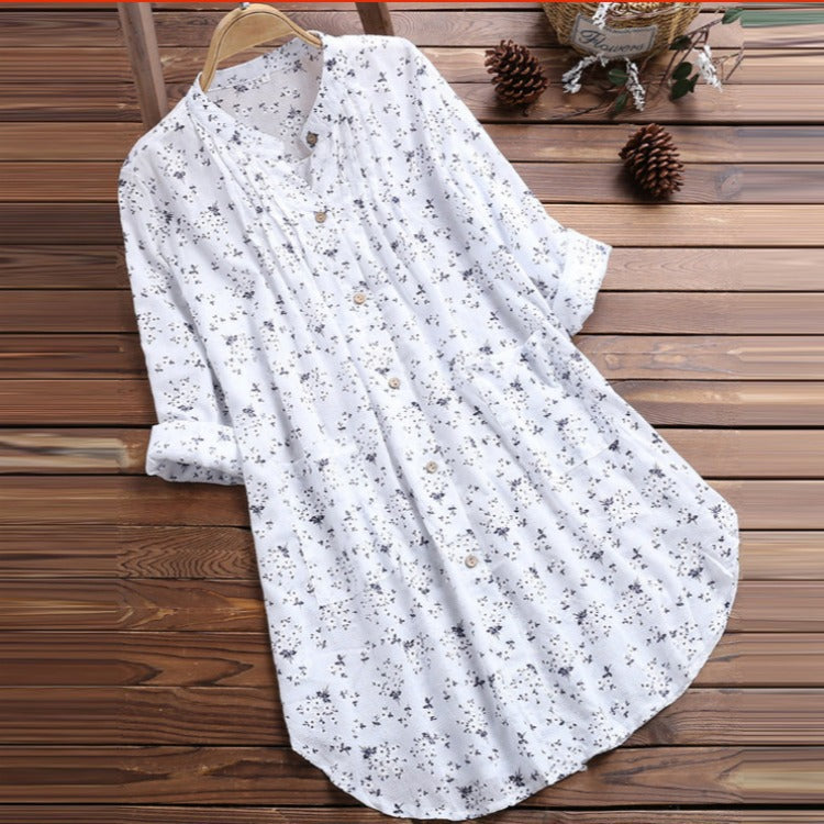 Women's Shirt Cotton Linen Floral Mid-length Loose Blouses