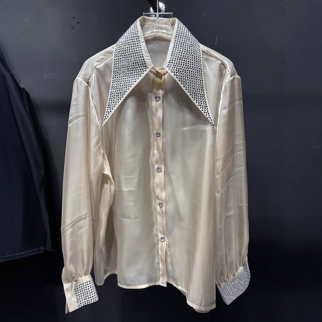 Women's Commute Style Spring Lapel Diamond Micro Transparent Blouses