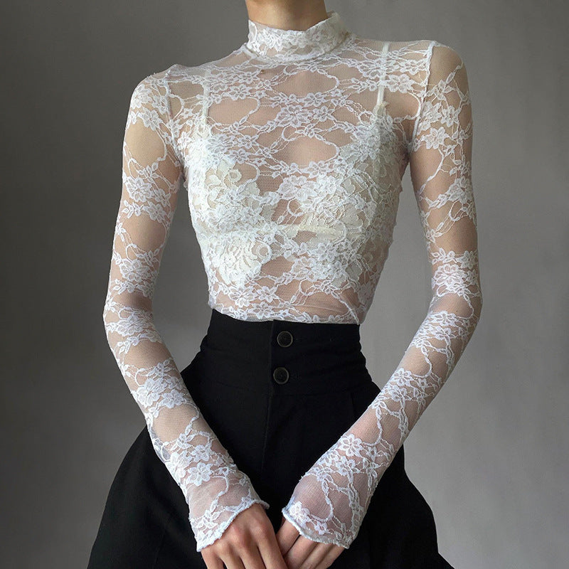 Hot Lace Turtleneck Long Sleeve T-shirt Blouses