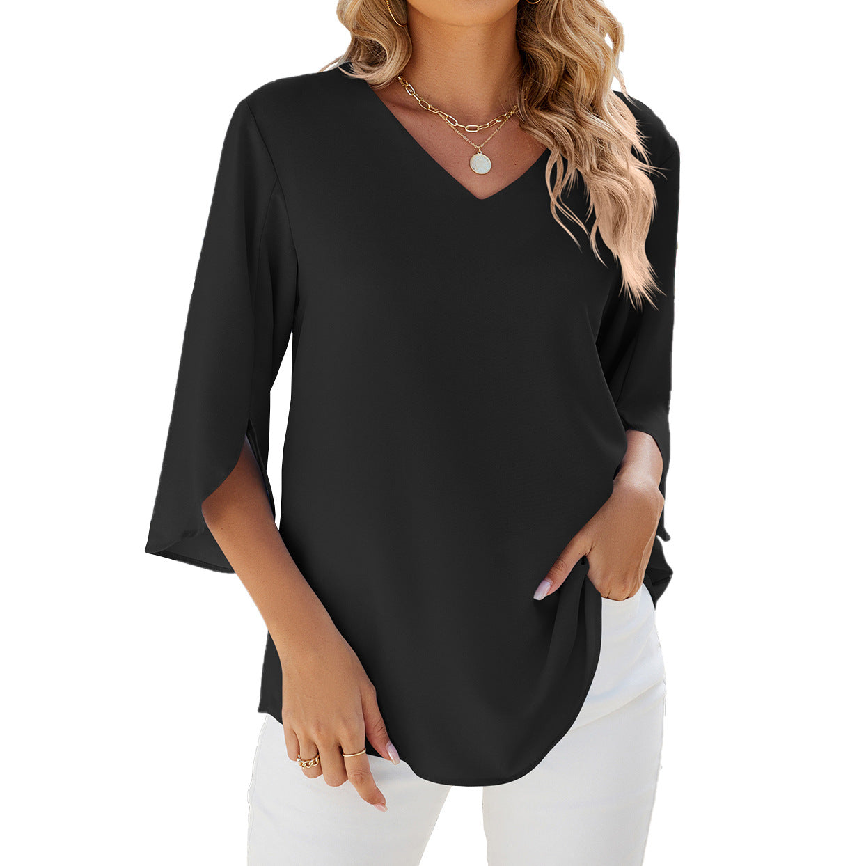 Women's Solid Color Half Sleeves Loose Chiffon Blouses