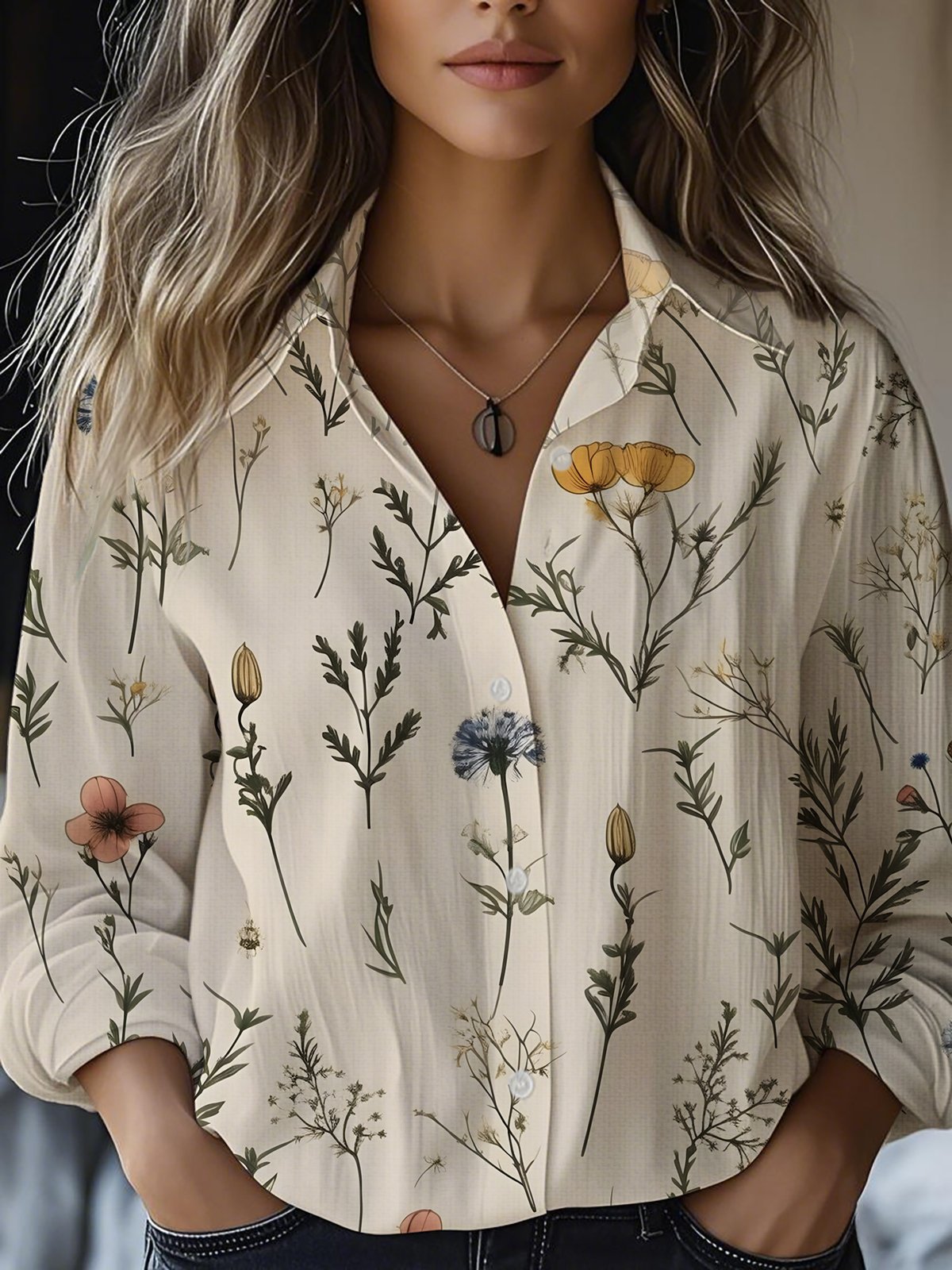 Printed Long-sleeved Shirt Imitation Cotton Linen Blouses