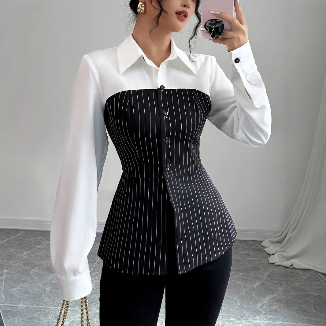 Popular Shirt Collar Single-breasted Patchwork Stripes Blouses