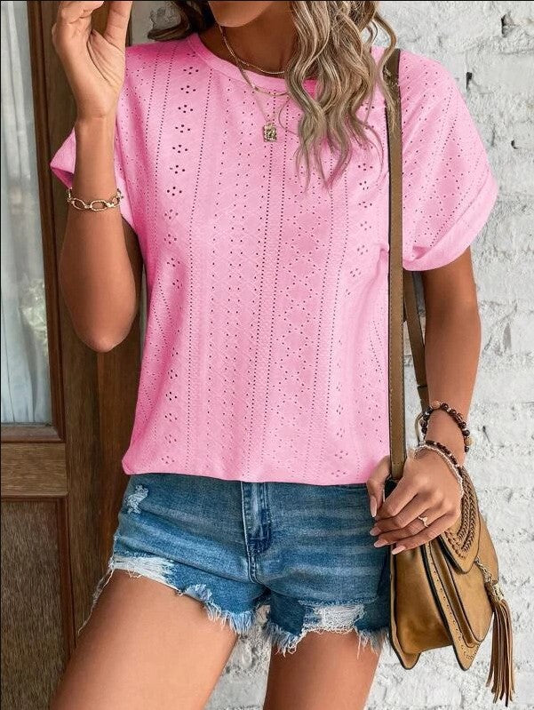 Summer Solid Color Sleeve Hollowed Leisure Blouses