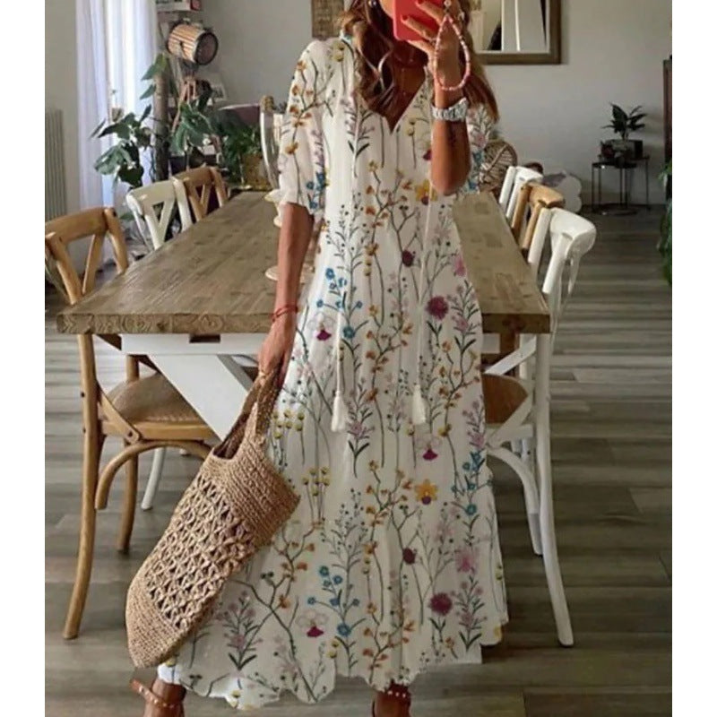 Casual Sweet Loose Printed Tassel Long Dresses
