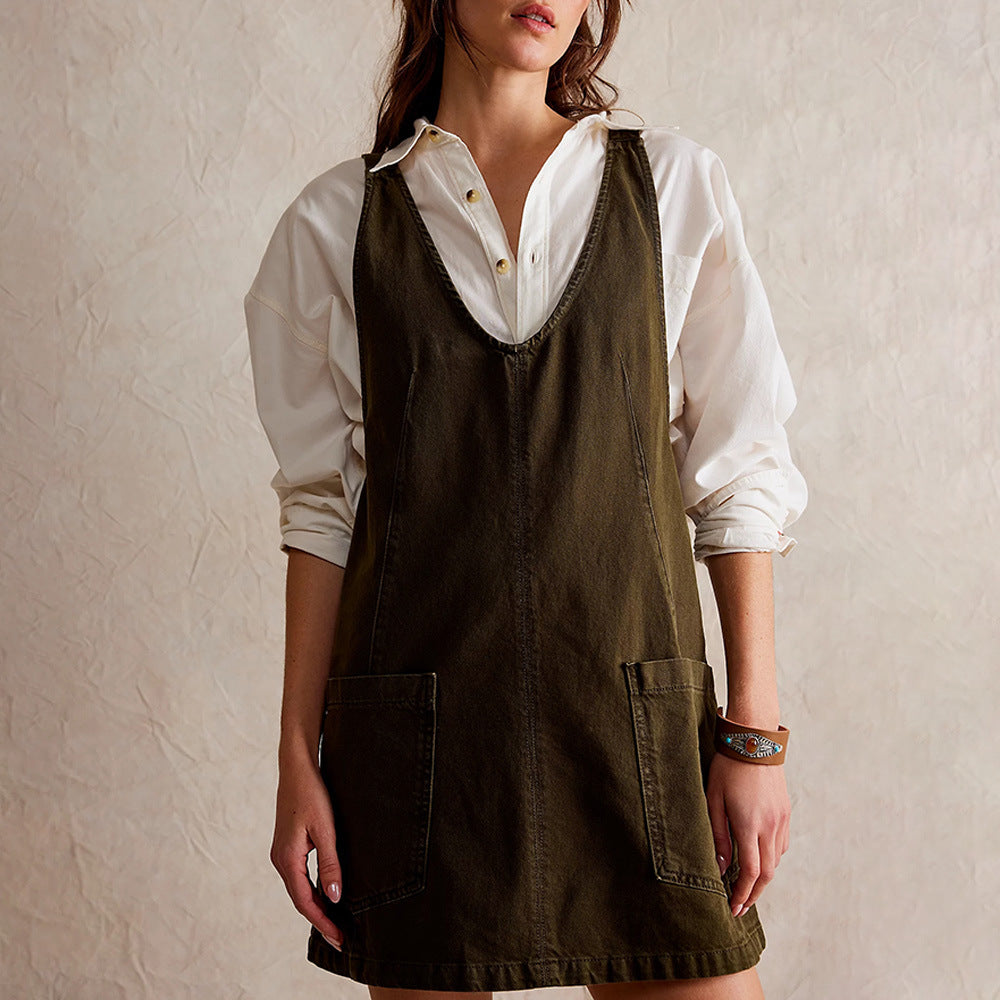 Women's Summer Denim Brace Pocket Adjustable Mini Dresses